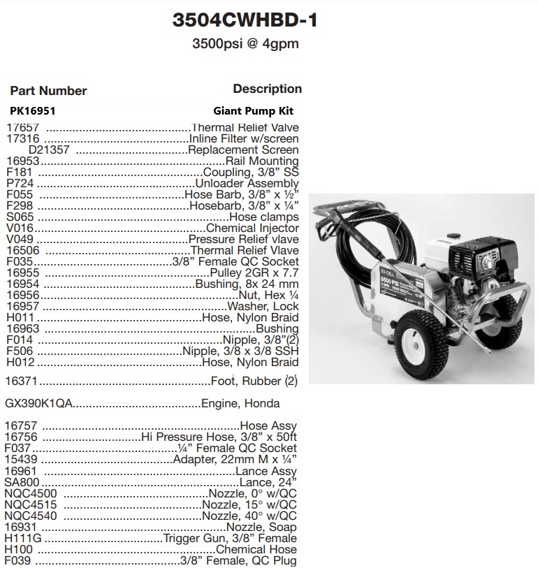 DEVILBISS model 3504CWHBD-1 power washer parts